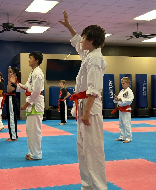 Young martial arts student raising hand during class at Murray's Martial Arts.