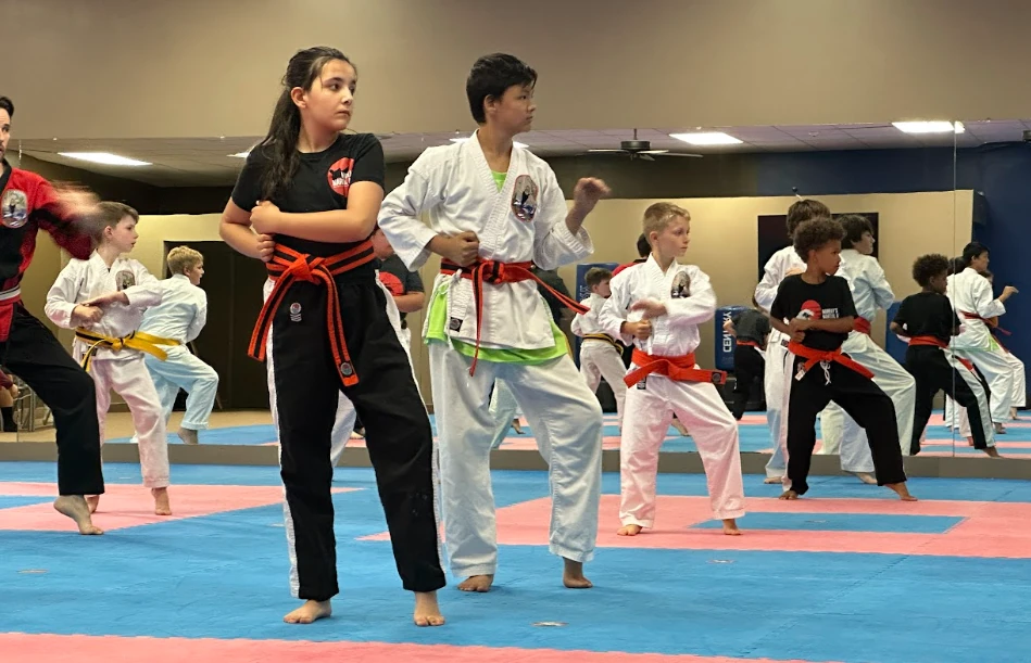 Youth martial arts students practicing focused fighting stances in Greece, NY.